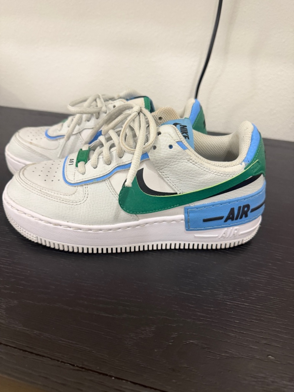Nike Air Force 1 Low Top Sneakers - White with Green & Blue Accents